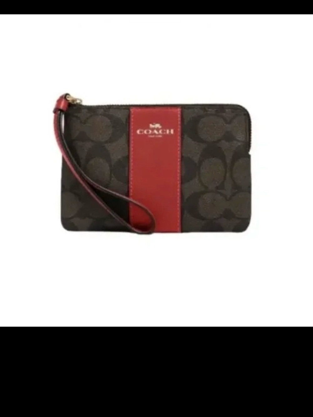 Coach Brown Signature Wristlet with Red Center Stripe